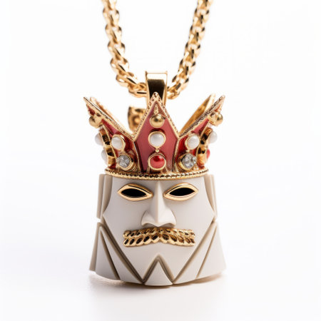 the real alexander, the king of pops, is captured in this photo featuring a necklace inspired by the style of steinheil quinon 55mm f19. the image showcases a 32k uhd resolution with a clean white background. the composition includes masks and totems, with hints of light red and light gold. the distinctive character design and illusionism make this photo truly captivating. ai generatedの素材