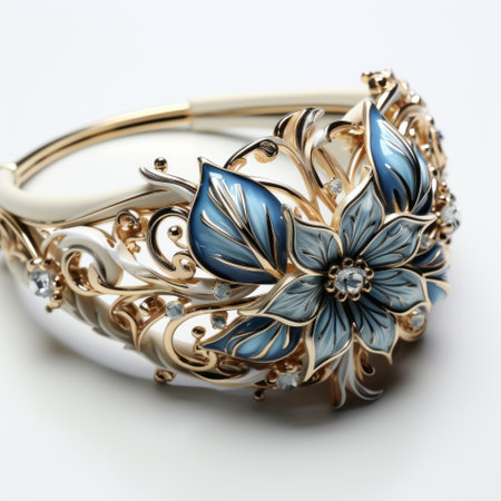 a gold, blue, and white cuff bracelet featuring realistic and detailed floral accents. this artgerm-inspired piece, rendered in cinema4d by myroslava sviridova, showcases intricate foliage in light gold and azure tones. ai generatedの素材
