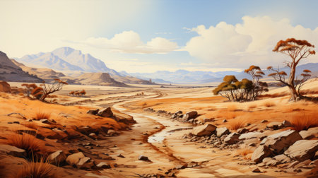 a rock near the road, depicted in the style of spatial concept art, showcases its light brown and amber hues. this romanticized depiction of wilderness captures the essence of speedpainting and realistic genre scenes. the monochrome painting with rtx on adds a touch of modernity to the overall composition. ai generatedの素材