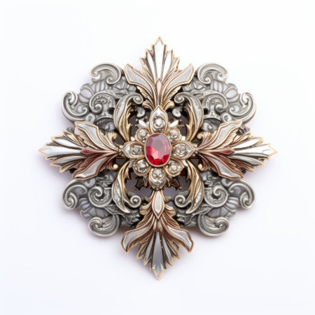 a red colored brooch featuring a large green stone is showcased in an intricately designed gold frame. the brooch is reminiscent of baroque compositions, with a touch of light silver and gray. the background is white, providing a contrasting backdrop for the brooch. created by peter coulson, the brooch combines elements of light silver and light gold. anne stokes also incorporates light silver and pinkの素材