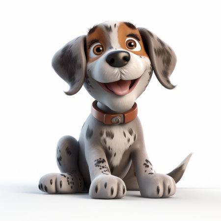 a cartoon dog with funny teeth looks up in a playful pose, reminiscent of animated film pioneer style. the hyper-realistic details, inspired by the work of david nordahl, bring the character to life. the dappled lighting, spot metering, and the combination of light silver and orange tones add depth and vibrancy to the image. ai generatedの素材