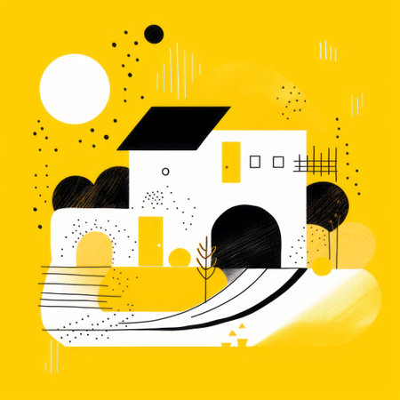 an abstract image of a yellow and black art style house, featuring monochrome landscapes, line and dot work, and graphic design-inspired illustrations. the serene landscapism is enhanced by rounded shapes and lively illustrations, creating a visually captivating composition. ai generatedの素材