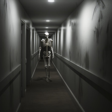 a skeleton, illuminated by a lantern, walks down a dimly lit corridor at night. this eerie image, created in the style of vray, captures medical themes and showcases the unique vision of the installation creator. with a twisted sense of humor, this photograph portrays suburban ennui through uniformly staged and realistic figurative elements. ai generatedの素材
