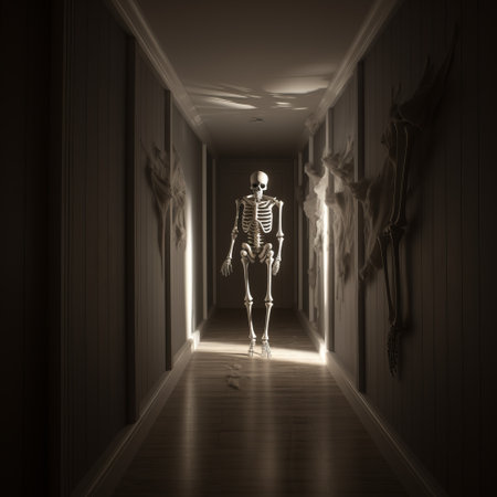a skeleton is seen walking down a dimly lit hallway inside a cave, with rays of light streaming in from the sky above. this photo, created in a photo-realistic hyperbole style, showcases a sepia tone and was made using sketchfab. the installation creator has captured a restrained serenity, reminiscent of halloween, while also evoking the imagery of medical imaging film. ai generatedの素材