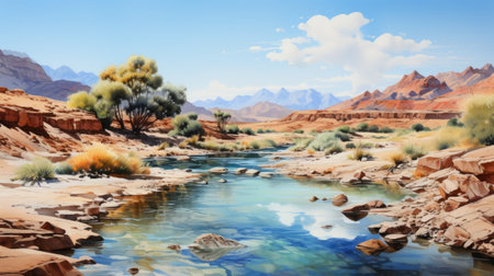 water flowing across a blue area, reminiscent of realistic landscape paintings and nostalgic illustrations. this desertwave-inspired scene captures the essence of artists like philip pearlstein, with its highly detailed and charming depiction of idyllic rural surroundings. created using vray, this image showcases the beauty of nature in a captivating and visually stunning manner. ai generatedの素材