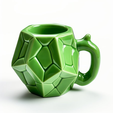 a green triangular mug with a unique pattern resembling three-dimensional puzzles, spherical sculptures, and cartoonish character design. the mug's design is reminiscent of gemstone faceted forms, with a touch of applecore and carcore inspiration. ai generatedの素材