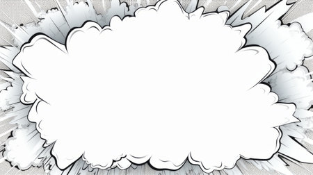 a comic bubble featuring speech bubbles in a uhd image style. the bubble is predominantly white and gray, with a pattern explosion design. the image has empty space and a cloudpunk vibe, enclosed within an artist's frame. the speech bubbles are outlined with strong lines, adding emphasis to the dialogue. ai generatedの素材