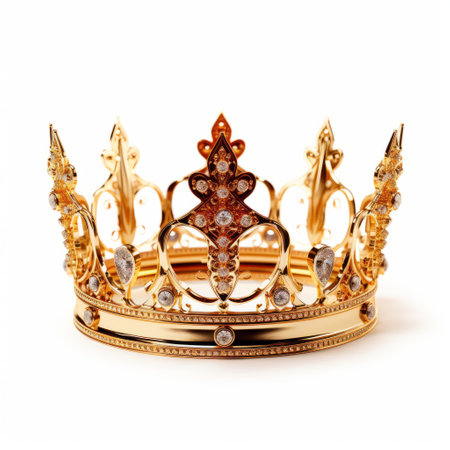 a gold classic crown, reminiscent of the styles seen in the works of bella kotak and john wilhelm, is captured in this stock shot. isolated on a white background, the crown features a dark orange and white color scheme. this meticulously designed crown, with its intricate details, is reminiscent of the artistic style of robert antoine pinchon. the image is available under a creative commonsの素材