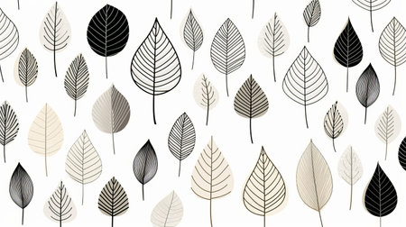 abstract style of leaves on a white background, inspired by danish design. featuring light black and brown tones, these nature-based patterns are reminiscent of black and white drawings. the artwork is created using a minolta riva mini camera and is perfect for nature-inspired installations or adding a touch of mid-century modern design to any space. ai generatedの素材