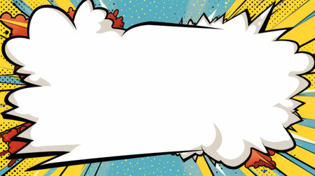 comic cover featuring a vector illustration with a speech bubble. the artwork is done in the style of 32k uhd, showcasing a pattern explosion. the color palette includes sky-blue, white, light yellow, and red. the design has a traditional animation feel with rough-edged 2d animation elements. the composition also includes empty space. ai generatedの素材