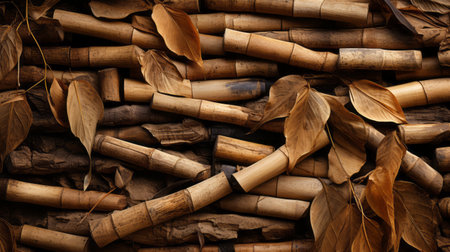 a super wide aerial view photo texture showcasing a vibrant and textured mixed bamboo yard mulch. the image captures the raw and gritty beauty of this industrial material, with its thick impasto texture and flat surfaces. this high-resolution photograph highlights the success of land use and recycling, while exuding a unique trashcore aesthetic. ai generatedの素材