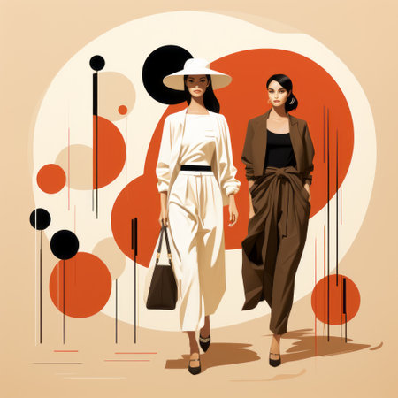 a vintage-inspired fashion design image or icon with a mid-century illustration style. the image features a dark orange and light beige color scheme, expressive colorism, and elegant asymmetric compositions. the tondo format adds a unique touch to this fashion-forward piece. ai generatedの素材