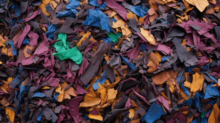 a super wide aerial view photo texture showcasing vibrant and textured mixed spandex yard mulch. the image features a thick impasto texture, highlighting industrial materials and trashcore aesthetics. with a raw and gritty feel, this high-resolution photograph captures the beauty of recycled and repurposed materials, creating a visually striking composition of flat surfaces. ai generatedの素材