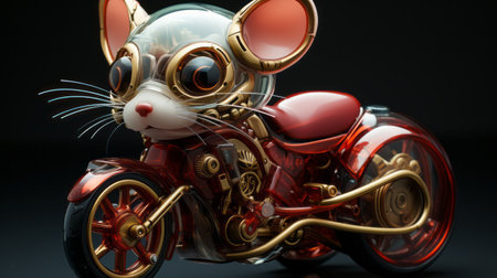 a cartoon mouse rides a red motorcycle in a captivating zbrush cybersteampunk style. the eye-catching detail and hyperrealistic animal portrait make this shinyglossy image truly stand out. with its 8k resolution, this artwork showcases the unique fusion of mori kei and cyberpunk aesthetics. ai generatedの素材