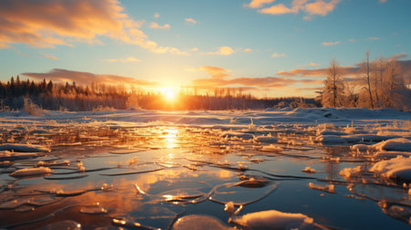 an icy surface reflecting the softly luminous sun setting behind the snowy trees. this landscape-focused photo captures the fusion of water and land, showcasing naturalistic aquamarine and amber hues. taken with a wide-angle lens, this stunning image was captured using a nikon af600. ai generatedの素材