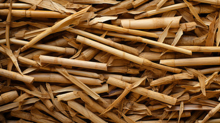 a super wide aerial view photo texture showcasing a vibrant and textured mixed bamboo yard mulch. the image captures the raw and gritty beauty of this industrial material, with its thick impasto texture and flat surfaces. this high-resolution photo highlights the success of land use and recycling efforts, creating a visually striking composition of recycled and repurposed materials. ai generatedの素材