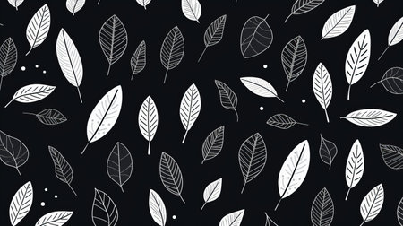 an ink leaf leaves seamless pattern in black and white, featuring a minimalist background style. the coded patterns on a black background create playful and whimsical illustrations. this nature-based pattern is created by a minimalist illustrator who skillfully combines natural and man-made elements. ai generatedの素材