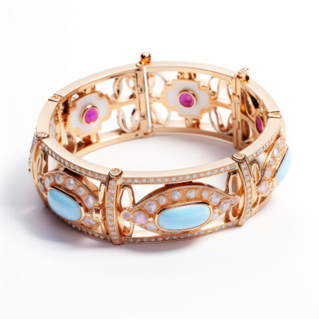 an elegant yellow gold bracelet adorned with turquoise stones and pink sapphires. this stunning piece is inspired by the style of oleksandr bogomazov, featuring bold traditional elements in light red and light azure hues. the intricate design showcases high detail, with a combination of light turquoise and white accents. a truly exquisite bracelet with realistic and captivating details. ai generatedの素材