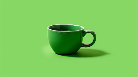 a mug on a green background stock photo featuring minimal retouching and bold colorism. the monochromatic palette adds a touch of elegance to the image. rendered in unreal engine, this photo showcases tightly cropped compositions that have been popular from the 1970s to the present. ai generatedの素材