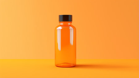 an orange liquid glass bottle, in rgb color, sits on a bright orange stand. the minimal retouching style enhances the hidden details and creates a hyper-realistic pop. rendered in cinema4d, the bottle features a combination of light orange and light black hues. with a minimalistic japanese influence, the image is captured using a telephoto lens. ai generatedの素材