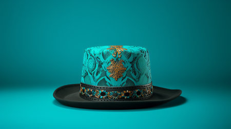 a reimagined hat by adrian henkins, featuring a dark gold and cyan color scheme. the photo showcases richly detailed backgrounds, with a high-quality image capturing the intricate design. the hat is adorned with traditional motifs, creating an optical illusionist effect. the colors used include light turquoise and dark emerald, adding depth and vibrancy. this stunning piece is brought to life through the use of vrayの素材