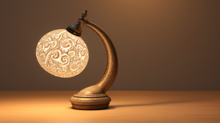 an oriental table lamp, rendered in cinema4d, is showcased in this uhd image. the lamp features intricate arabesque scroll designs in shades of brown and beige. luminous spheres add a touch of elegance to the overall composition. this creative commons attribution image also incorporates pointillist optical mixing techniques. ai generatedの素材