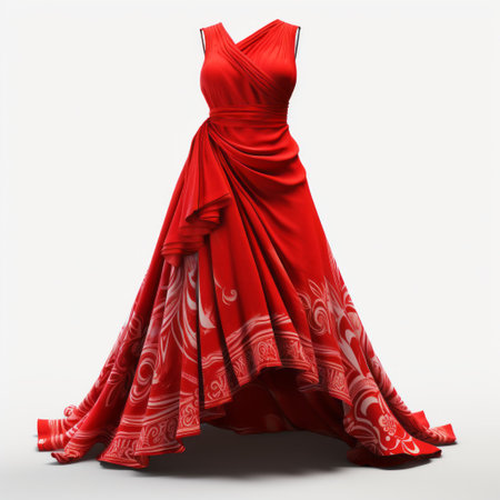 3d cloison red floral gown: this stunning gown showcases a realistic and detailed rendering of maori art. the elegant composition highlights the exquisite use of fabric, while the white background adds a touch of sophistication. inspired by henry moore, the gown beautifully balances symmetrical asymmetry, creating a visually captivating design. ai generatedの素材