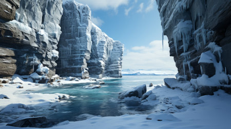 a stunning snowy landscape featuring majestic mountains and a frozen river, creating a serene and picturesque scene. this free desktop wallpaper captures the beauty of nature with its icy elements. rendered in the style of unreal engine, it showcases hyperrealistic marine life and immersive environments. the eroded interiors and xbox 360 graphics add a touch of uniqueness. shot with the zeiss milvus 25mm f/1.4 zeの素材