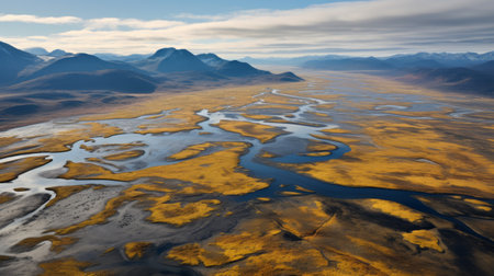aerial view of mountains and river, reminiscent of scarlett hooft graafland's style. the photo captures a stunning landscape with dark yellow and light gold tones. it evokes the spirit of national geographic photography, drawing inspiration from artists like even mehl amundsen, eilif peterssen, and steinheil quinon 55mm f19. the composition features a beautiful contrast between the light sky-blue and orange hues. ai generatedの素材