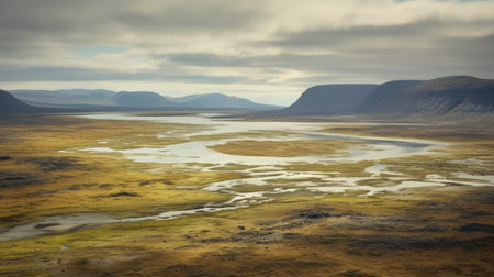 aerial view of a desert surrounded by majestic mountains, reminiscent of the danish golden age style. the landscape features a combination of dark yellow and light green hues, creating an atmospheric and captivating scene. the photo captures the essence of serene pastoral scenes, with hints of romantic riverscapes and even the influence of renowned artist even mehl amundsen. the overall color palette showcases shades ofの素材