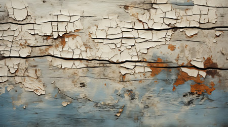 an old wooden fence with a chipped crack, showcasing thick layers of paint in dark white, light blue, orange, and beige. the sophisticated woodblock style gives it a post-apocalyptic backdrop reminiscent of peder balke's accurate and detailed artworks. ai generatedの素材