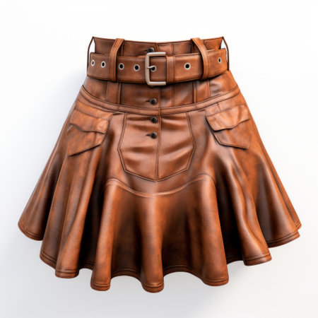a realistic hyper-detailed rendering of an attractive dark brown leather skirt. this 3d skirt features a steampunk-inspired design with light orange and light brown accents. the high-key lighting enhances its shiny appearance, adding a touch of dry wit humor to the overall look. ai generatedの素材
