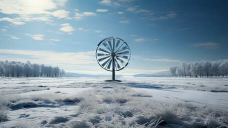 a large, wooden wheel stands prominently in a snowy field, creating a surreal 3d landscape. this kinetic sculpture, created through the technique of photobashing, is enhanced by the soft mist surrounding it. the image captures the harmony with nature, reminiscent of the works of georg jensen, while the high dynamic range adds depth and vibrancy to the scene. ai generatedの素材