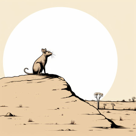 a rat stands on top of an earth, gazing at the sun in a monochromatic landscape. this editorial illustration, with african influence, captures a pensive stillness. the desertwave style is evident in the dark beige and yellow tones, showcasing the rat's sensitivity to the natural world. ai generatedの素材