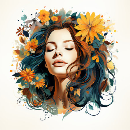 a woman adorned with flowers on her face, showcasing highly detailed illustrations. the color palette consists of dark turquoise and light amber, creating a captivating contrast. her wavy hair and gentle expressions add to the overall charm. the incorporation of dark orange and yellow hues blends realistic and fantastical elements seamlessly, evoking a sense of harmony with nature. ai generatedの素材