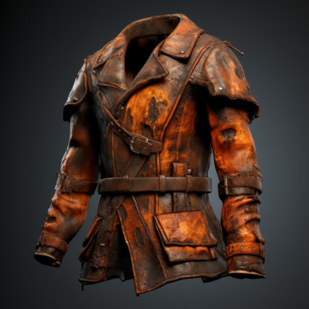 the leather jacket worn by an obelisk in the dungeons showcases a realistic hyper-detailed rendering. with a touch of dieselpunk and marine painter influences, the jacket stands out in vibrant orange. its design reflects a sense of decay and decayed aesthetics, reminiscent of frostpunk. this unique piece captures the essence of chen zhen's artistic style. ai generatedの素材