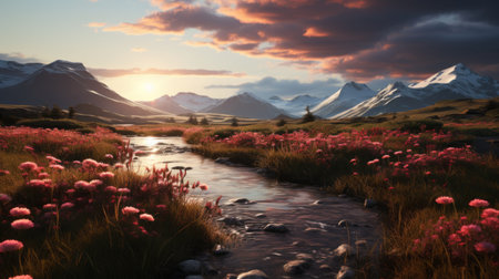 a vibrant mountain landscape in the summer, featuring colorful flowers and a winding river. this stunning scene, reminiscent of scottish landscapes, is captured in the style of cryengine. the dark pink and amber hues create an atmospheric ambiance, while the detailed hunting scenes and naturalist aesthetic add to the beauty of this breathtaking photo. ai generatedの素材