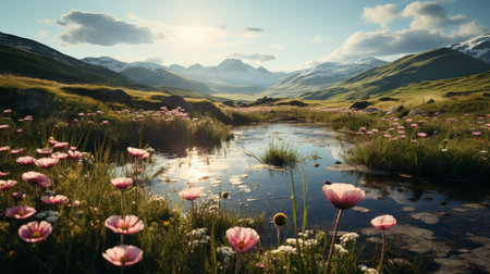 a stunning photograph capturing the beauty of flowers amidst a picturesque mountain landscape. the use of vray tracing technique enhances the realism, while the saturated pigment pools add vibrancy. the scottish landscapes provide a breathtaking backdrop, complemented by the hyper-realistic water. the light pink and light amber hues create a soothing ambiance. the realistic rendering and atmospheric perspective make this photo truly captivating. ai generated