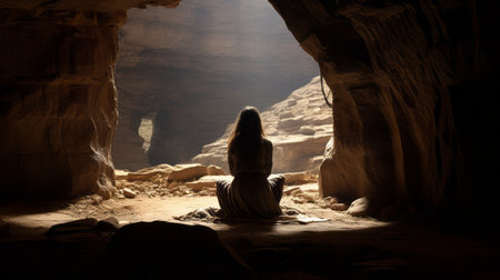 a person sits in the middle of a cave, bathed in sunlight, reminiscent of dramatic religious works. the scene exudes a somber and serene mood, with influences from feminine sensibilities, dau al set, and biblical drama. the image captures the emotional depth and zen buddhism influence, creating a captivating and introspective atmosphere. ai generatedの素材
