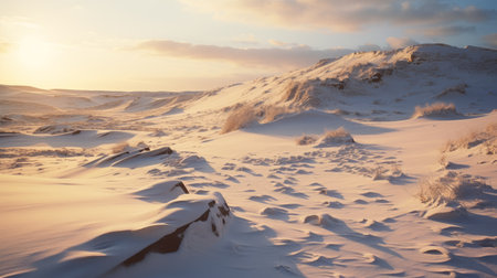 snow-covered ground with the sun shining brightly, captured in the style of realistic seascapes by renowned photographer desertwave. this stunning uhd image showcases the beauty of nature, with a palette of light orange and beige hues. a captivating national geographic photo that transports you to the breathtaking scottish landscapes. ai generatedの素材