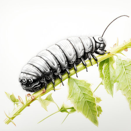 two caterpillars, each with distinct patterns and colors, are perched on vibrant green leaves. this small image showcases a realistic and detailed rendering, reminiscent of modernist illustrations. the composition captures the essence of a still-life, with a touch of pigeoncore, dynamic sketching, and dansaekhwa influences, resulting in a captivating and artistic illustration. ai generatedの素材
