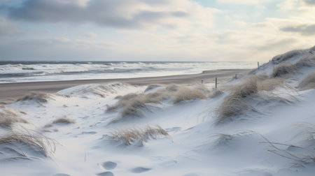 a snow-covered dune with grass on a beach, captured in the style of weathercore and schlieren photography. this uhd image showcases a texture-rich landscape reminiscent of dutch marine scenes. the atmospheric environment adds depth to this captivating associated press photo. ai generatedの素材