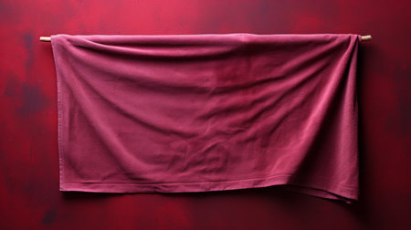 a cloth hanging on a string is showcased on a wooden wall, contrasting against a vibrant red backdrop. the image captures the essence of dark maroon and magenta hues, with thick paint layers adding depth. the darktable processing technique enhances the soft and blended colors, creating a visually captivating composition. this artwork by ron arad embodies a unique carpetpunk aesthetic, with a touch of darkの素材