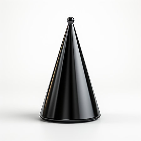 a black cone made of sleek and stylized black plastic, featuring a carnivalcore design. the cone has a sleek metallic finish, giving it a hyper-realistic pop. with its minimalist precision and miniaturecore aesthetic, this black cone is a unique and eye-catching piece. ai generatedの素材