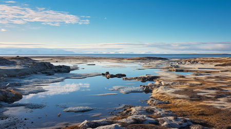 a photo of the snowy coast of iceland's north part, showcasing the beautiful reflections and mirroring effect. the light sky-blue and beige colors create a traditional chinese landscape vibe, reminiscent of post-apocalyptic landscapes. the calm waters and wide-angle lens capture the serene beauty of the suffolk coast views. ai generatedの素材