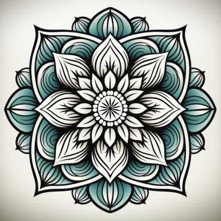 a white mandala flower design is showcased against a vibrant blue background in this graphic illustration. the tattoo-inspired artwork features a watercolor technique with sharp lines and edges, creating a striking contrast between light emerald and dark black hues. the holotone printing adds depth to the design, while light gray and gray shades enhance its overall aesthetic. ai generatedの素材