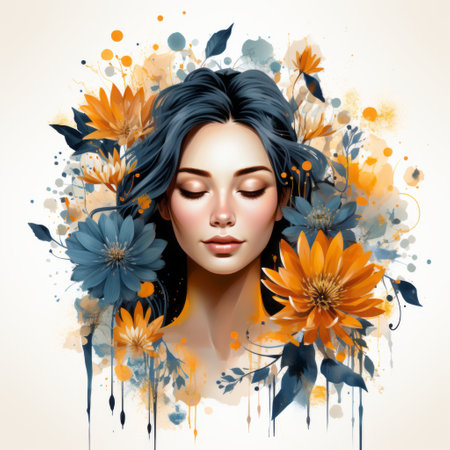 a young lady with artgerm-inspired flower face paint, showcasing a scattered composition of dark sky-blue and amber hues. the layered and complex compositions add depth to the dark yellow and orange tones. the detailed character design highlights intricate facial features. ai generatedの素材