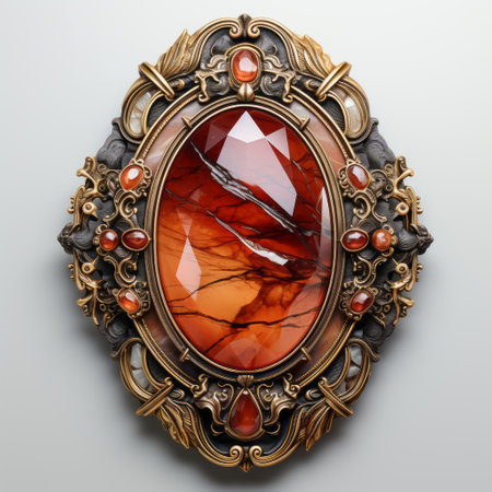 an antique stone ornate frame featuring red stones and gold ornamentation, designed in a futuristic fantasy style. the frame showcases a captivating blend of dark silver and light amber tones, reminiscent of modern jewelry. with its vray rendering, bentwood construction, and faceted shapes, this frame exudes a layered complexity that is truly mesmerizing. ai generatedの素材