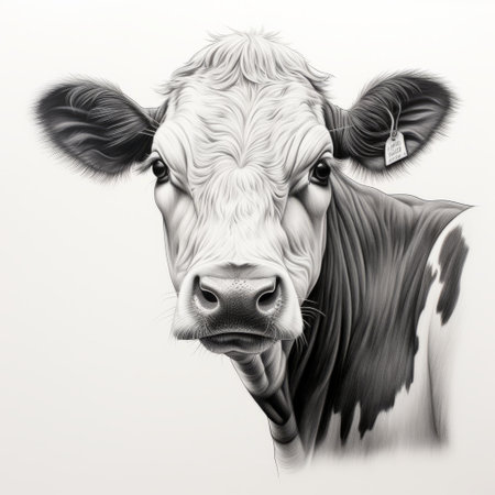 a black and white drawing of a cow head face, showcasing hyperrealistic illustrations and precision painting. this charming character illustration captures the essence of cartoonish innocence with photographically detailed portraitures. the 32k uhd resolution enhances the intricate details of this stunning artwork. ai generatedの素材
