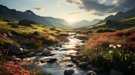 mountains on the left side of the valley, captured in the style of vray tracing, showcase the breathtaking beauty of romantic riverscapes. this uhd image by marcin sobas features stunning flower and nature motifs, enhanced by a captivating backlight. the composition evokes the artistic essence reminiscent of santiago rusinol's work. ai generatedの素材